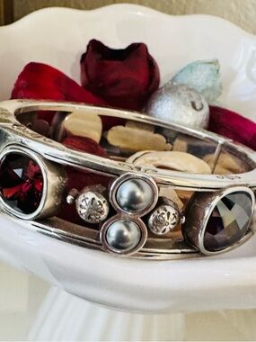 Sterling Silver Red Garnet and Pearl Bangle Bracelet